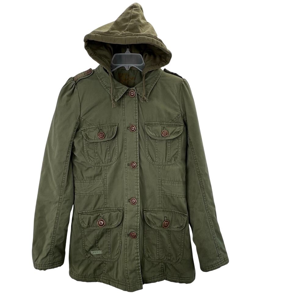 Roxy Military Style Utility Jacket M Women Hooded Olive Green Button Up Pockets
